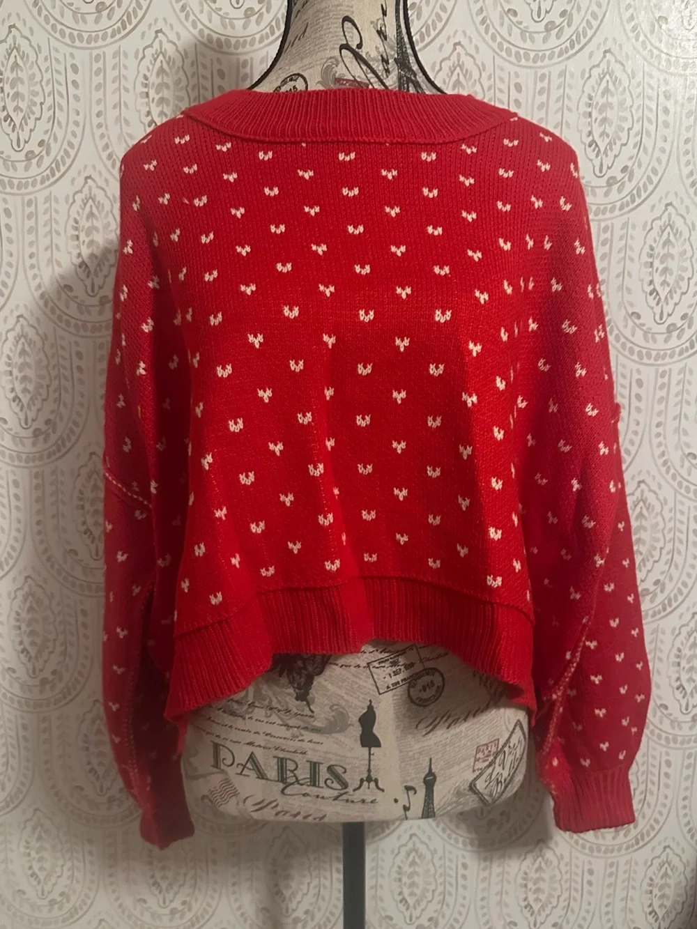 Amazon Red Cropped Crewneck Sweater with Cream Dot Pattern only worn once